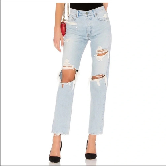 GRLFRND Helena Distressed High Rise Straight Jeans - Picture 1 of 11